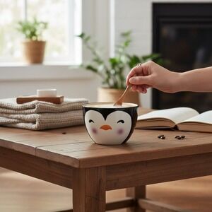 Crescent Enterprise Penguin Ceramic Bowl Black NWOT Kawaii Animal